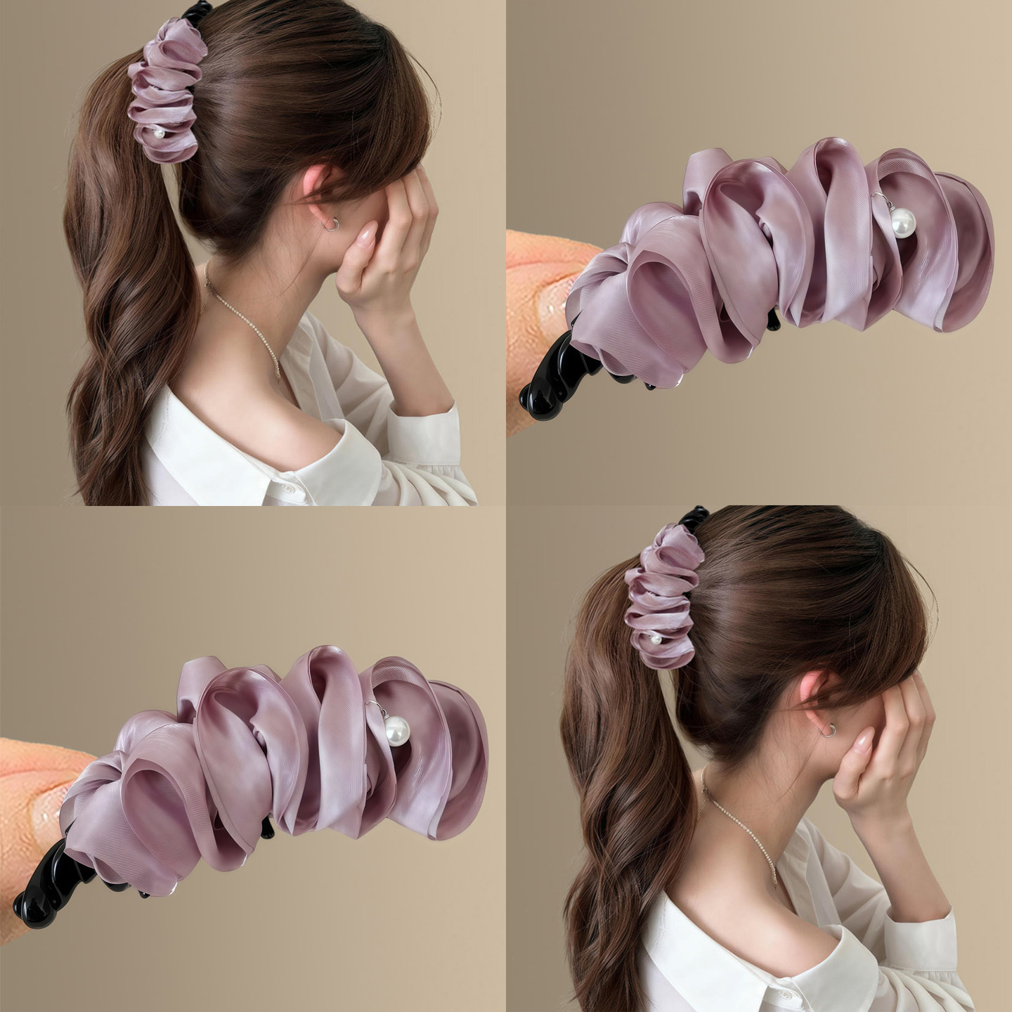 温柔紫色缎面褶皱泡泡纱香蕉夹女