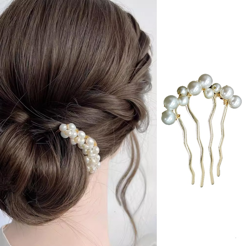 新娘发簪金属发梳插梳珍轻奢古典法式盘发优雅珍珠丸子头头饰马面