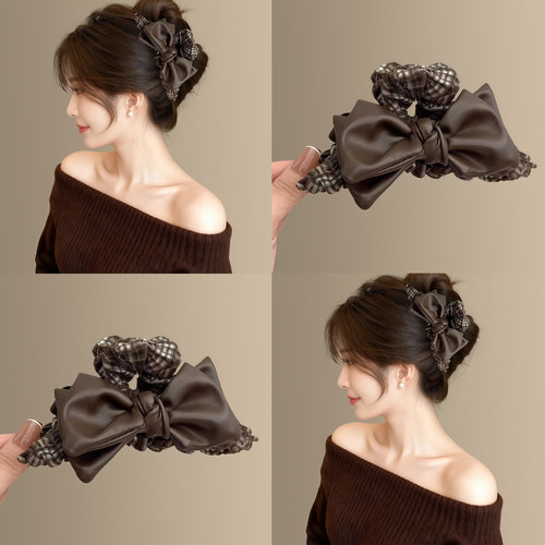 摩卡可可复古高端格纹蝴蝶结抓夹