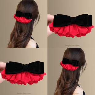 心动夜宴~新年红色丝绒蝴蝶结蕾丝发夹女！高级感裙摆弹簧夹头巾