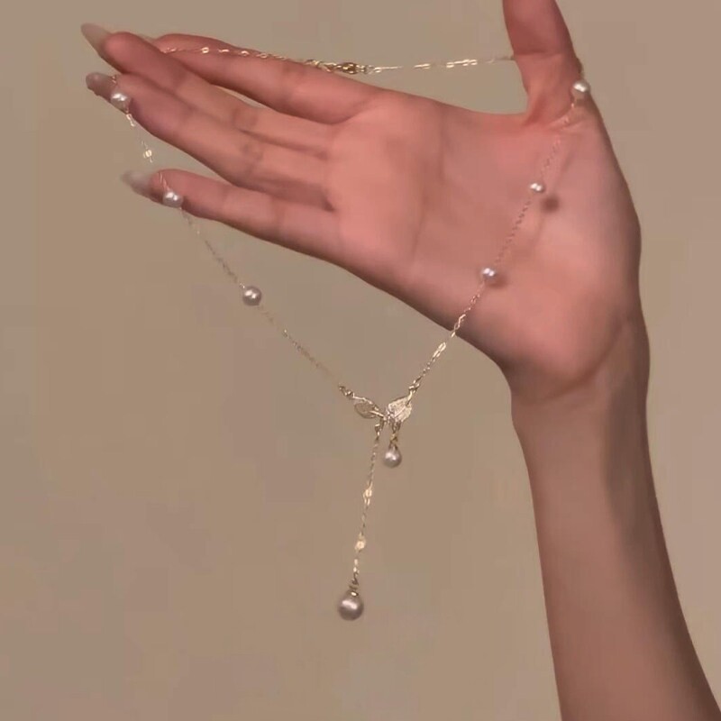 法式轻奢闪钻树叶珍珠流苏项链女