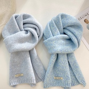 软糯冰岛蓝色针织围巾女冬季2025新款韩系氛围感加厚保暖护颈围脖