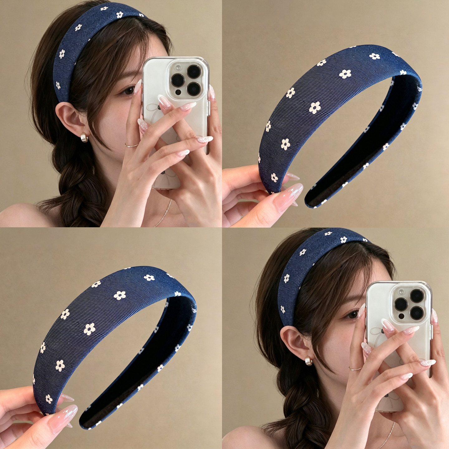 韩系复古藏青色花朵宽边发箍女碎