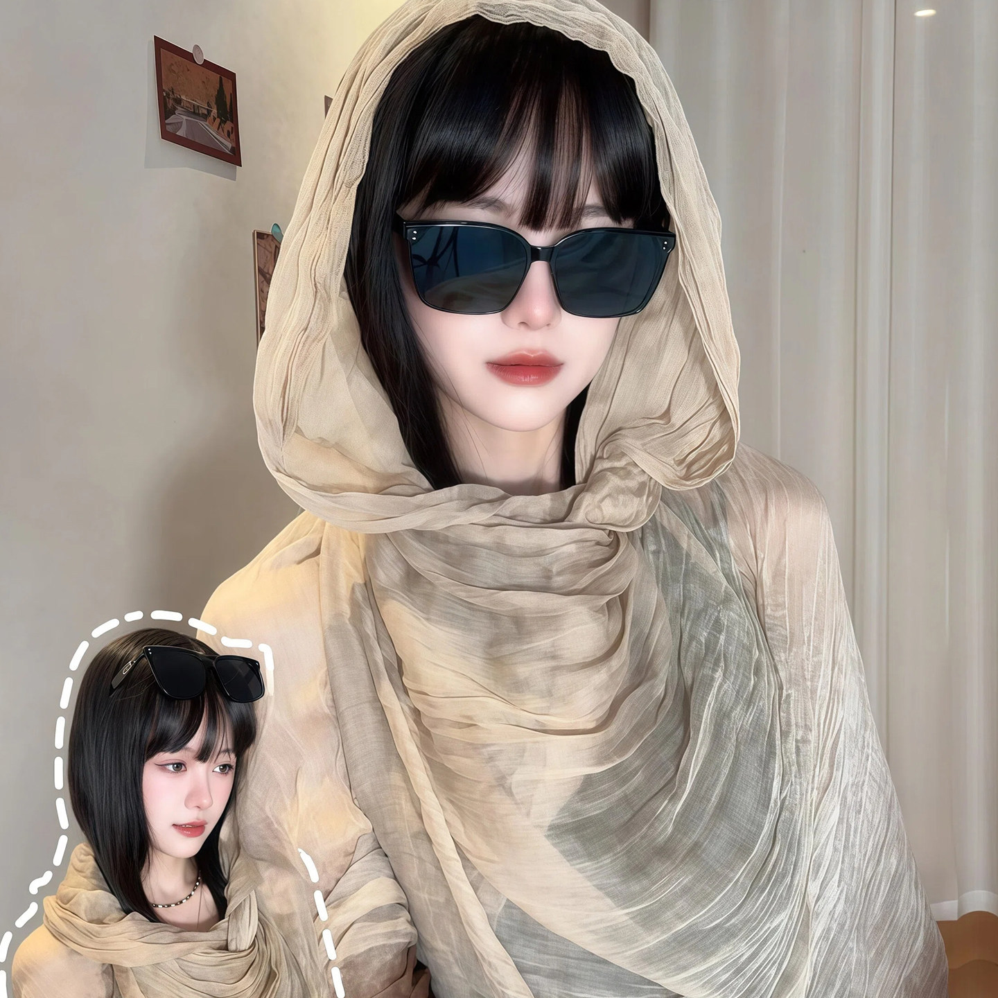 复古渐变咖色防晒披肩外搭女