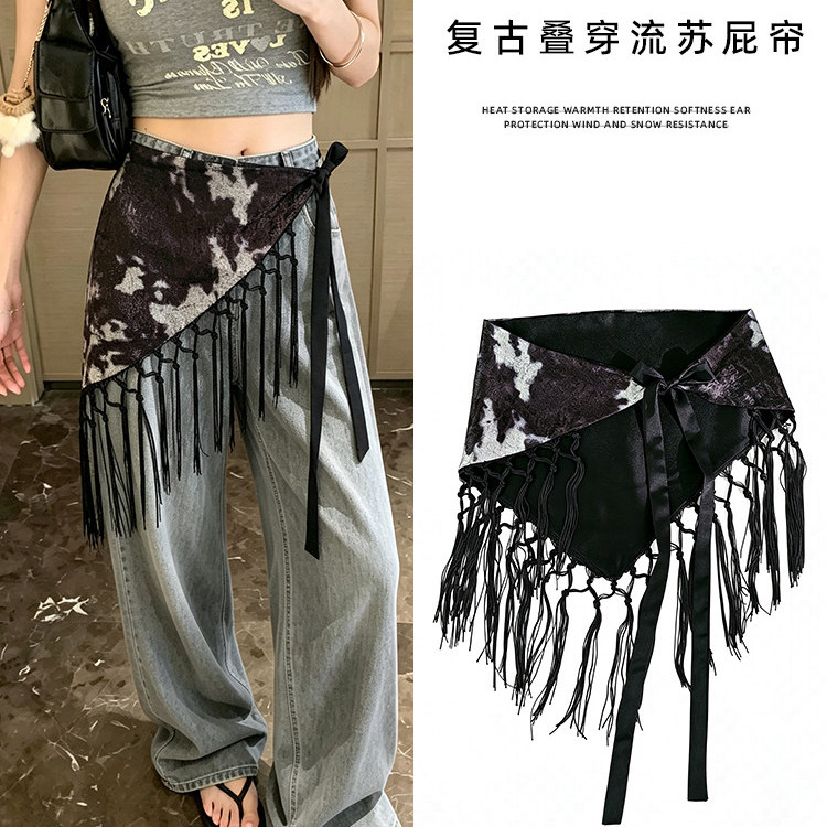 水墨复古叠穿流苏系带牛仔裤屁帘