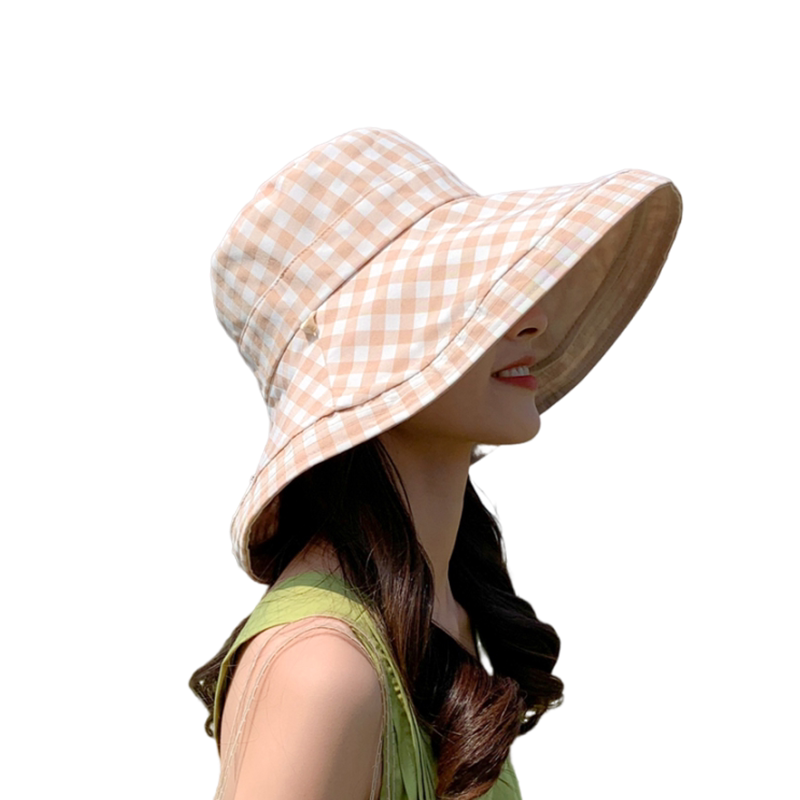 双面格子渔夫帽女春夏天可折叠帽
