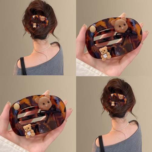 可爱小熊~复古丝绒小熊贝壳抓夹