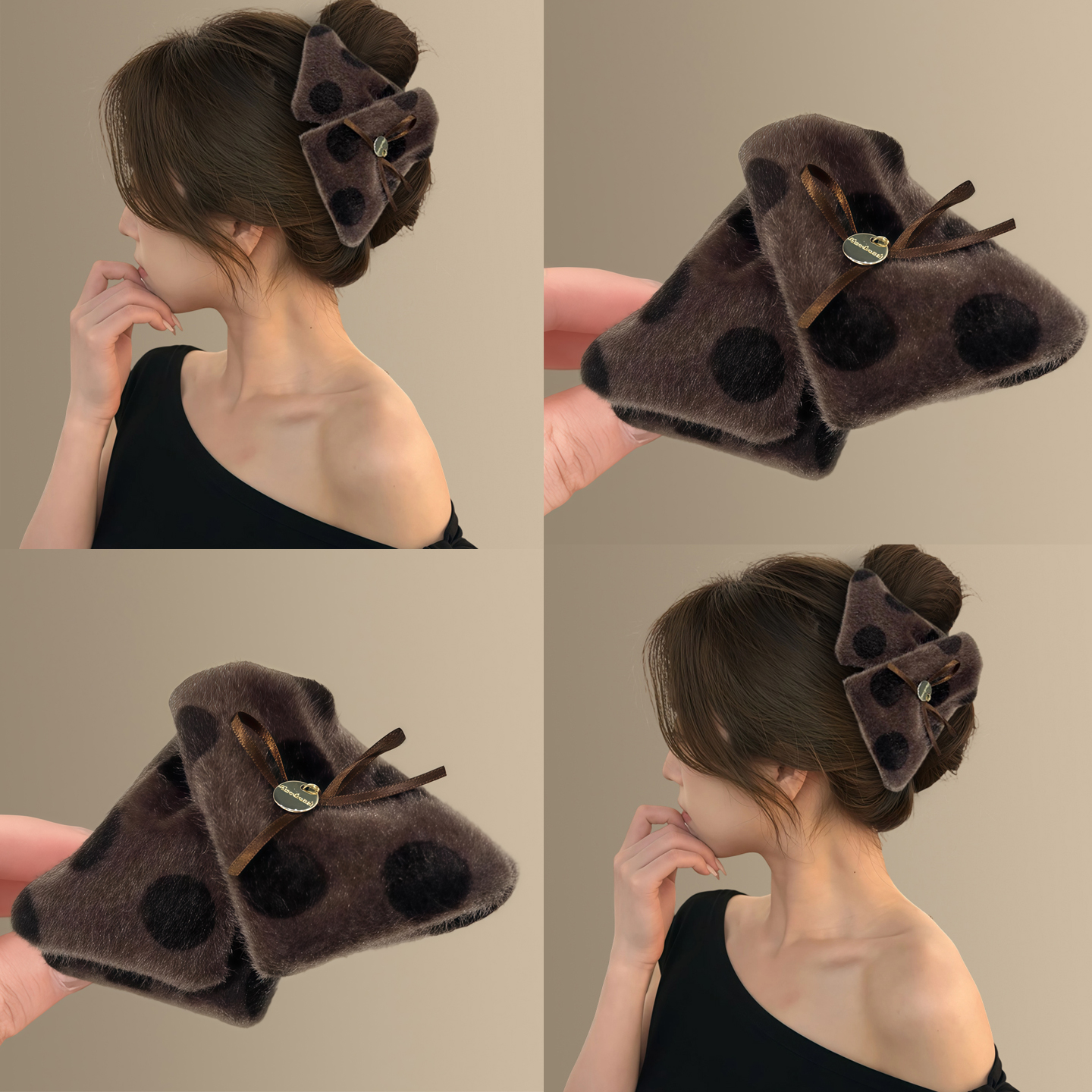 落叶秋棕~毛绒波点三角抓夹女2025新款鲨鱼夹高级感发夹大号头巾