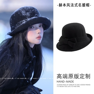 黑色赫本风千金帽子女士秋冬英伦
