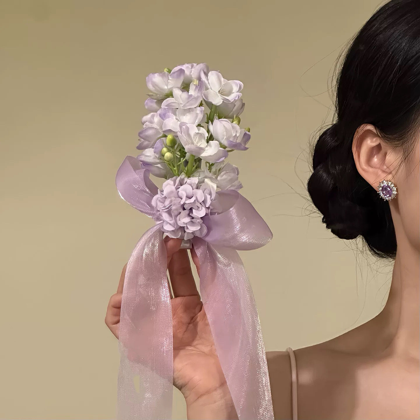 纯欲风紫色蝴蝶结花朵发夹女！