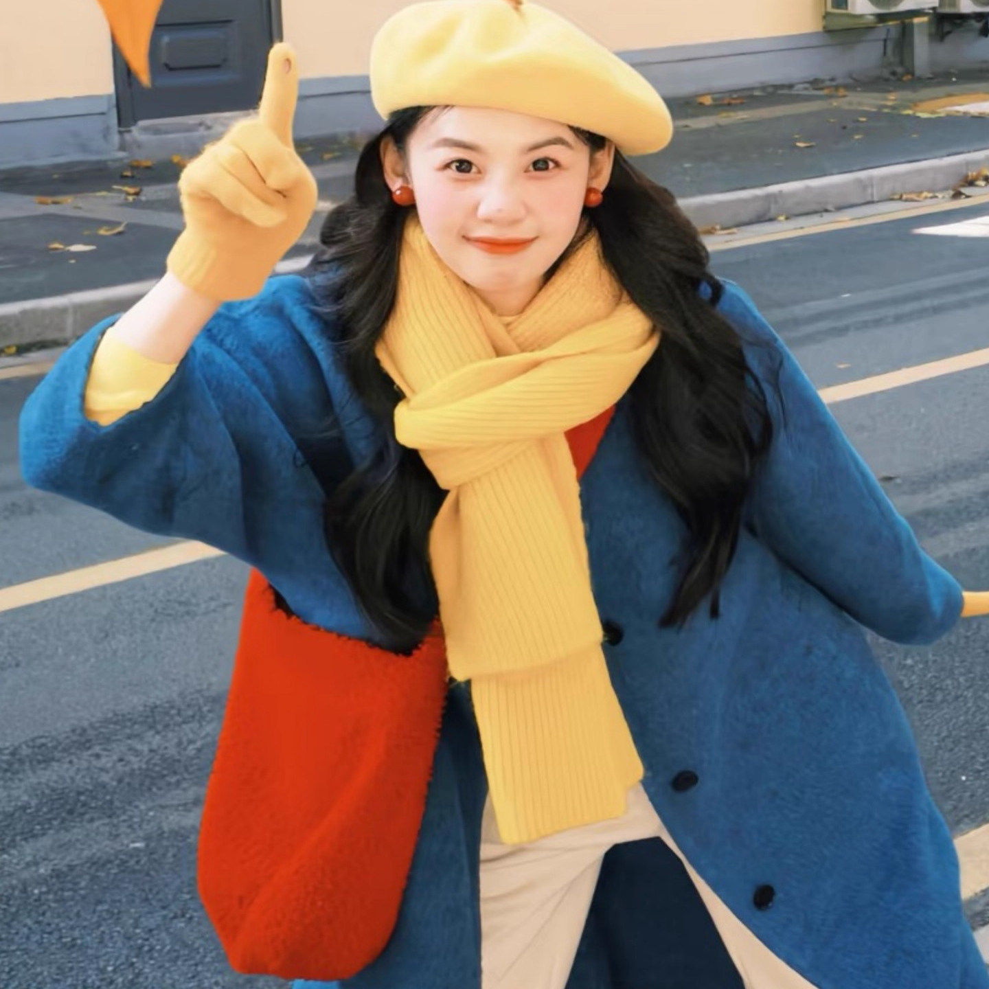 明媚黄色含羊毛针织围巾女