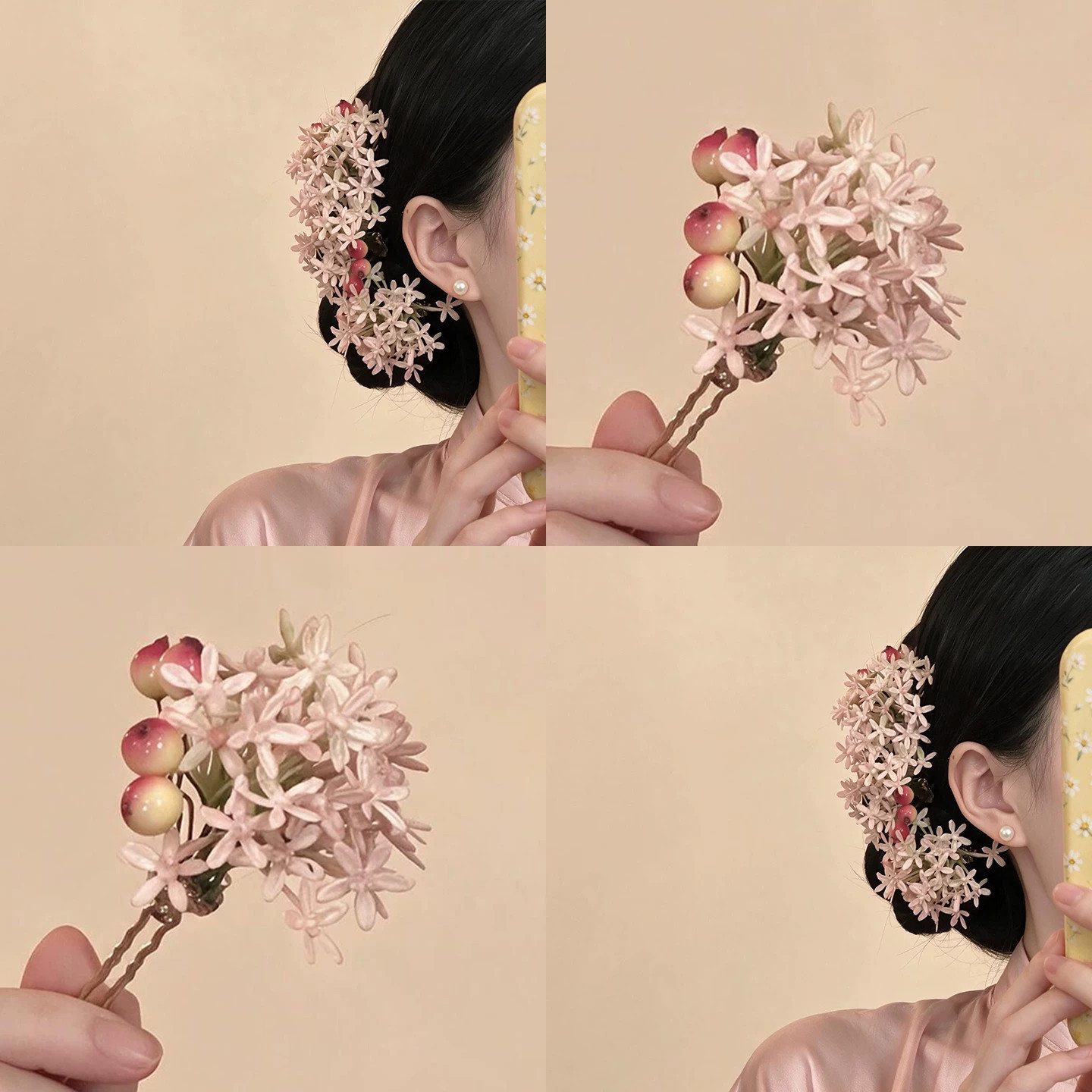 超仙古风粉色花朵果子发簪女新中