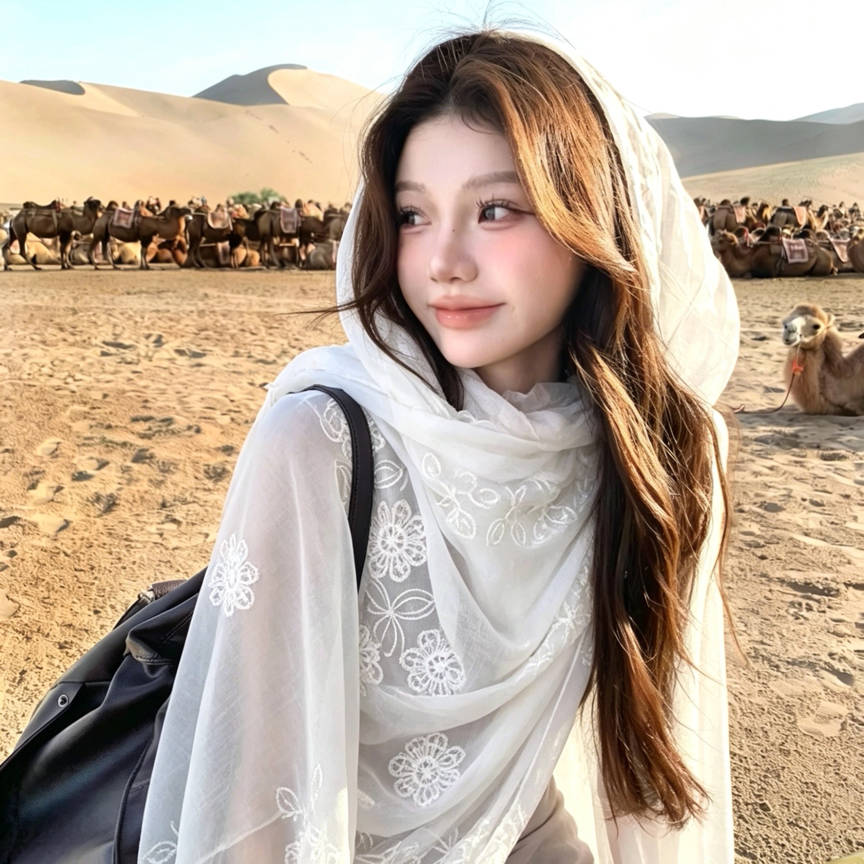 大西北沙漠白色刺绣花朵披肩女