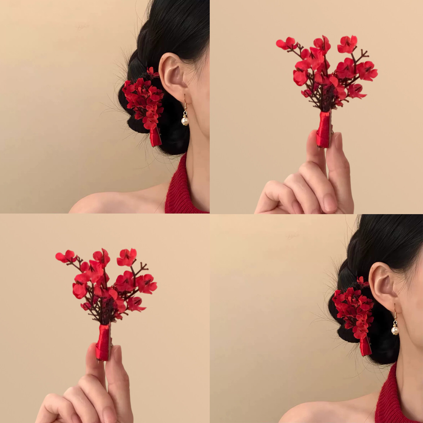 新中式红色花朵发夹女新款结婚