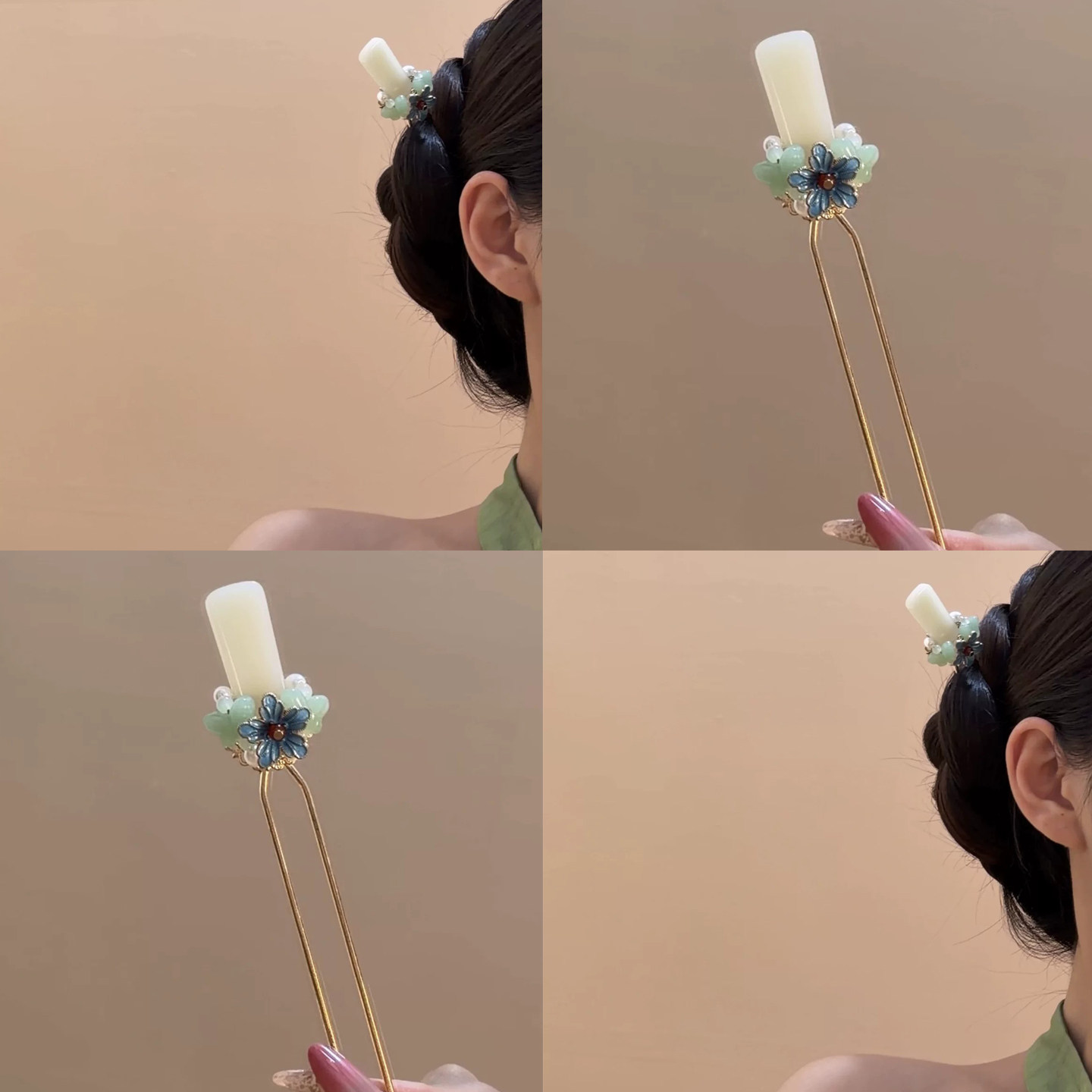 新中式蓝色花朵U型发簪女玉石