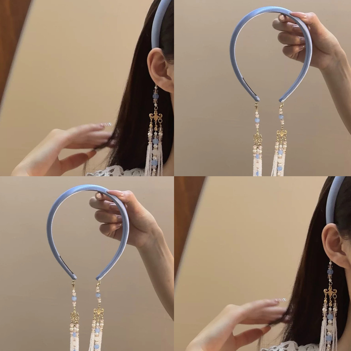 新中式蓝色珍珠流苏发箍女清冷感