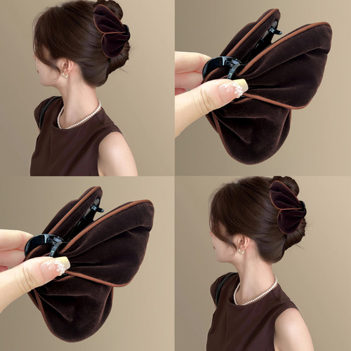 赫本风新款秋冬植绒蝴蝶鲨鱼抓夹