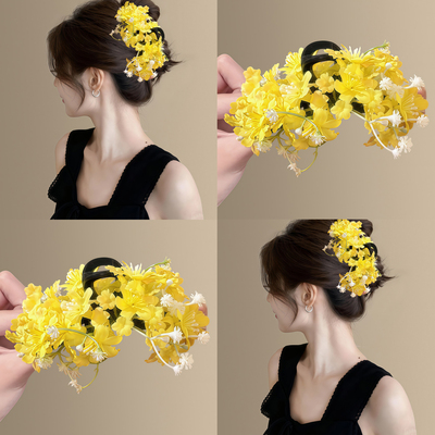 繁花似锦~明媚黄色花朵抓夹女！