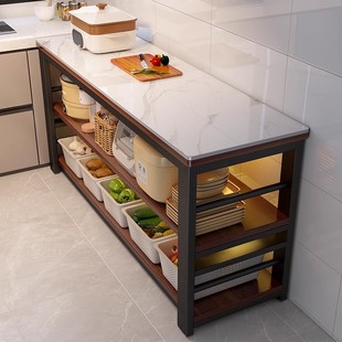 厨房岩板切菜桌操作台落地家用实木置物架微波炉烤箱储物柜收纳架