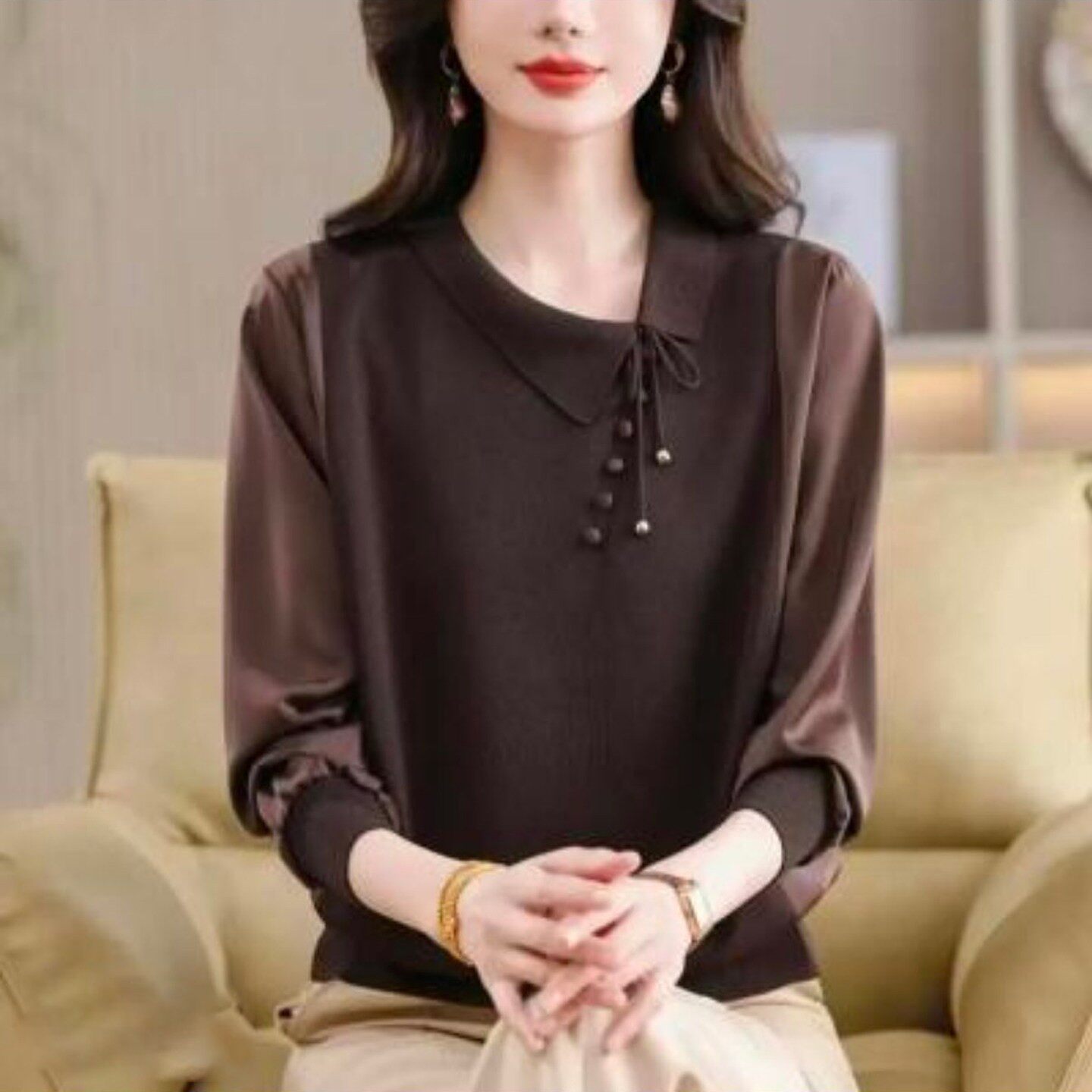 宜智博女装气质娃娃领针织衫2026秋季女士款显瘦长袖洋气拼接上a9