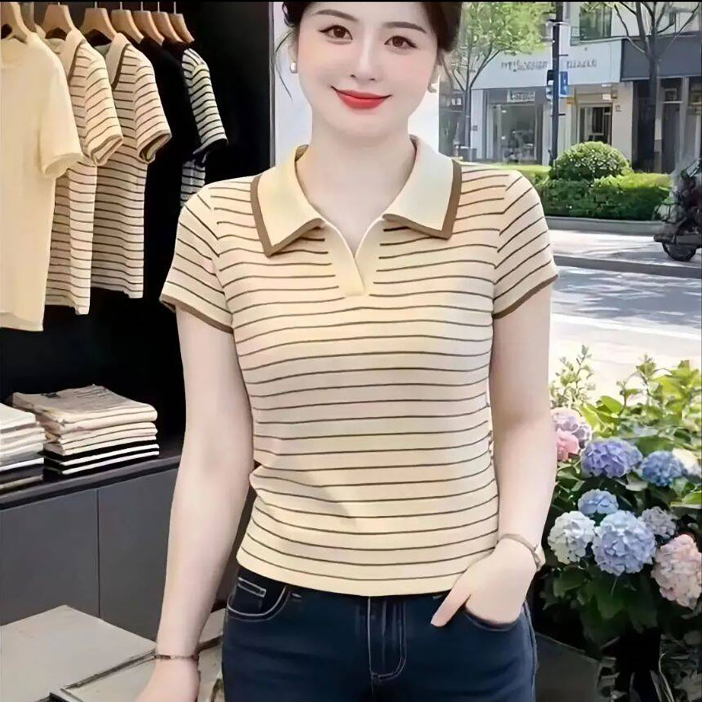 素禾服装女装条纹polo领短袖T恤女士时尚半袖小衫夏季韩版体恤a5