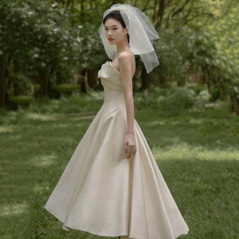 法式轻婚纱2021新款小个子领证登记旅拍出门纱森系仙抹胸小礼服