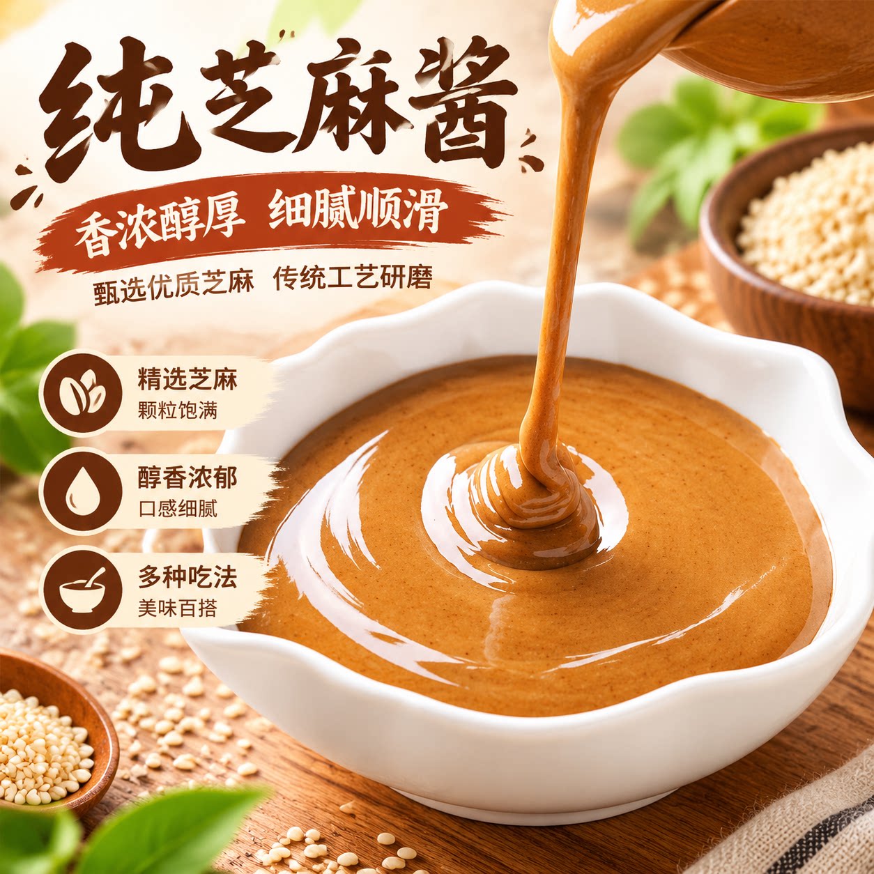 纯芝麻酱吃火锅蘸料酱家用热干面拌面酱农家手工石磨麻酱