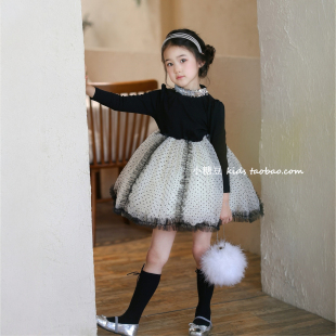 女童波点网纱蓬蓬连衣裙2026春季新款女孩长袖纱裙公主裙生日礼服