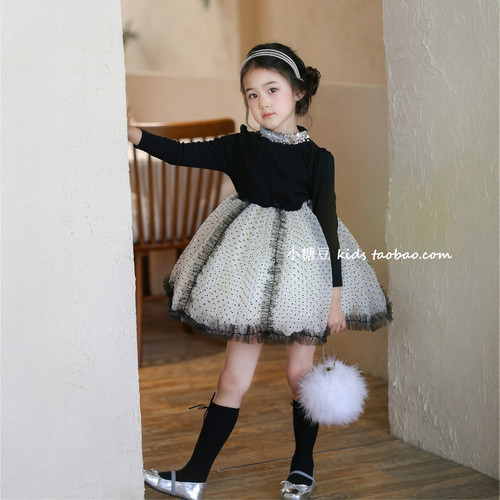 女童波点网纱蓬蓬连衣裙