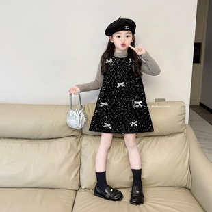 女童黑色丝绒亮片蝴蝶结连衣裙2025秋冬新款女孩加绒背心裙公主裙