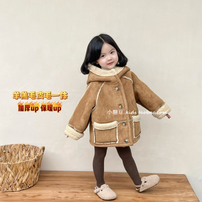 女童加厚麂皮绒羊羔毛连帽外套