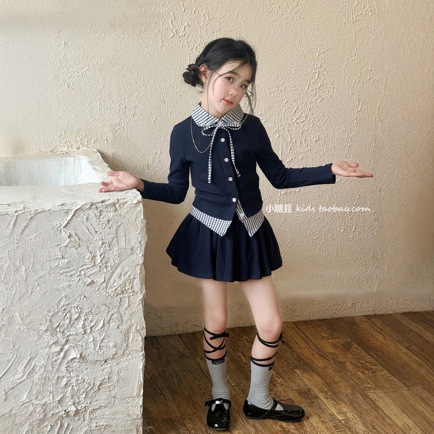 女童学院风假两件针织套装2026秋季新款女孩韩版洋气百褶裙两件套