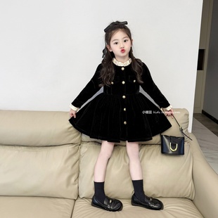 女童赫本风加绒丝绒小黑裙连衣裙2025冬季新款女孩高级感公主裙子