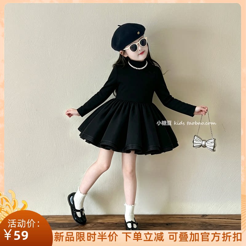 女童赫本风长袖小黑裙图片