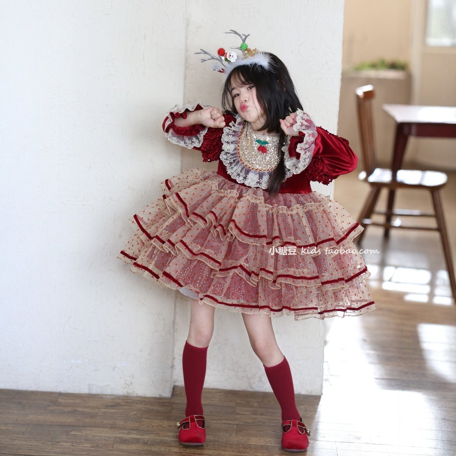 女童红色丝绒洛丽塔蛋糕裙连衣裙2025冬季女孩加绒公主裙新年礼服,童装/婴儿装/亲子装,连衣裙,淘宝优惠券,粉丝福利购,淘宝优惠卷