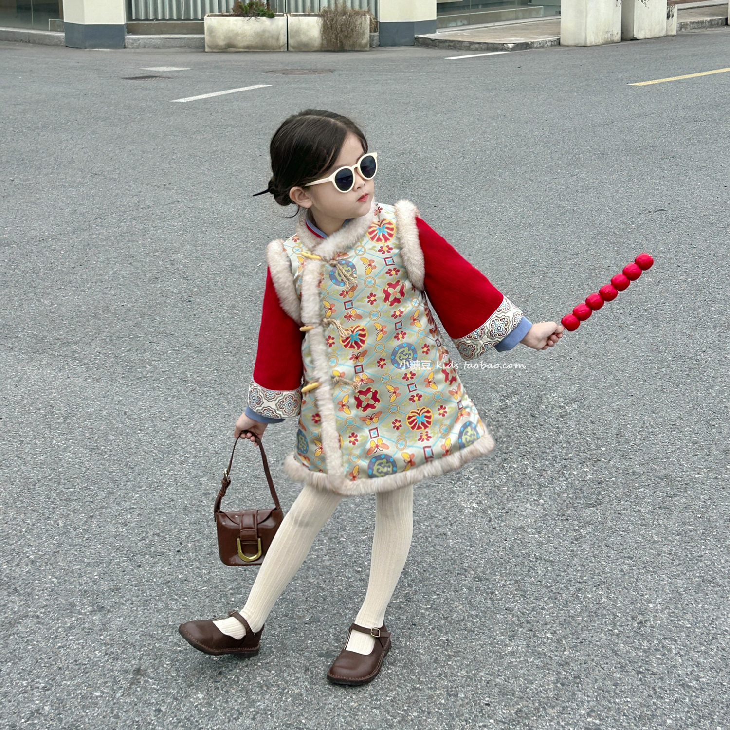 女童复古提花假两件旗袍裙连衣裙