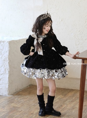 女童加绒黑色闪闪丝绒亮片连衣裙2025冬季新款女孩表演圣诞公主裙