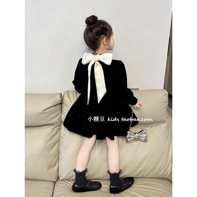 女童蝴蝶结系带丝绒连衣裙