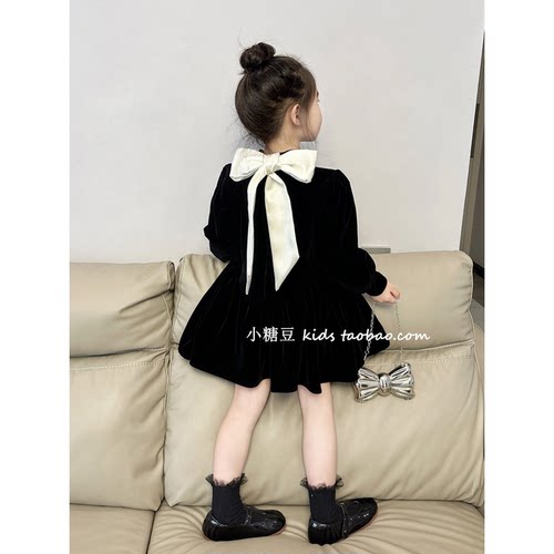 女童蝴蝶结系带丝绒连衣裙