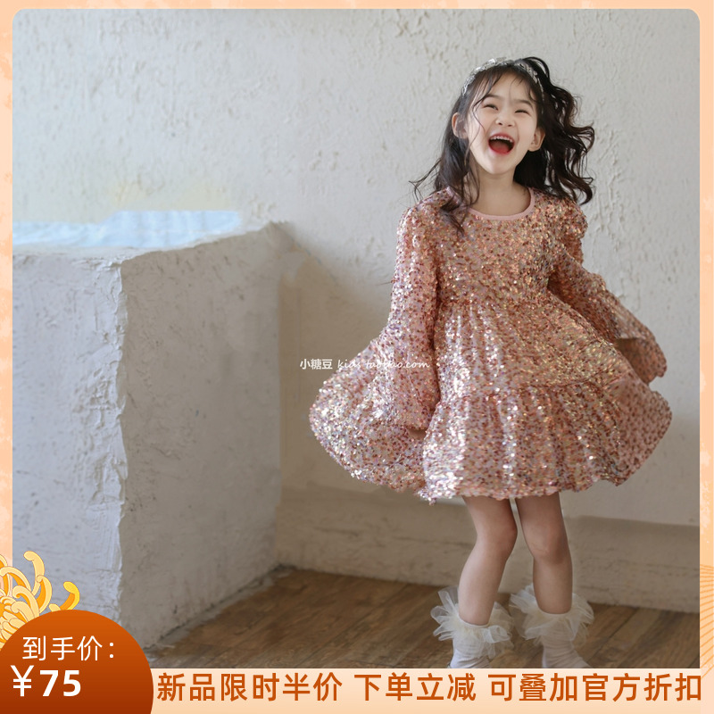 女童粉色加绒亮片公主裙连衣裙