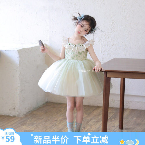 女童花边领网纱蓬蓬连衣裙