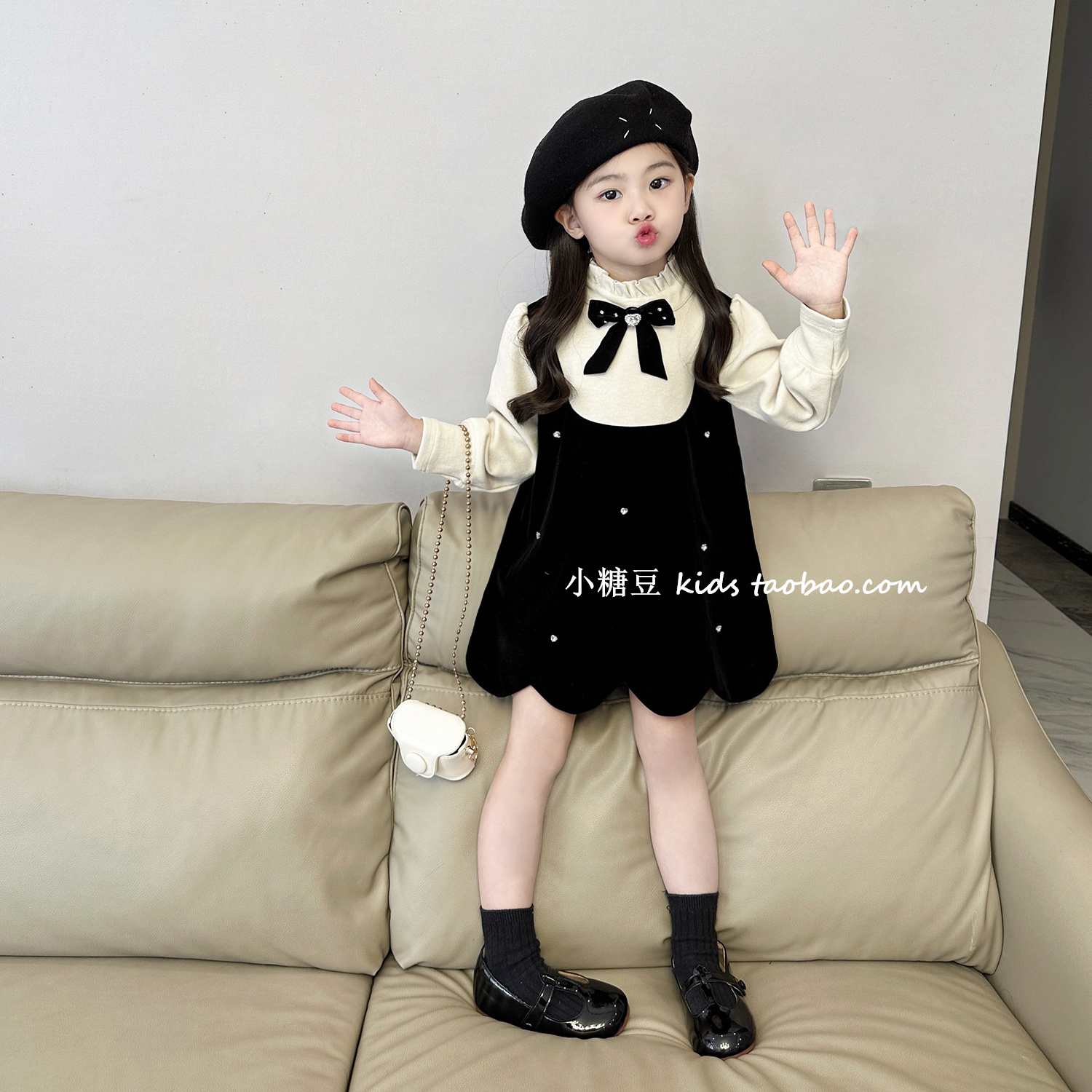 女童加绒花瓣假两件连衣裙