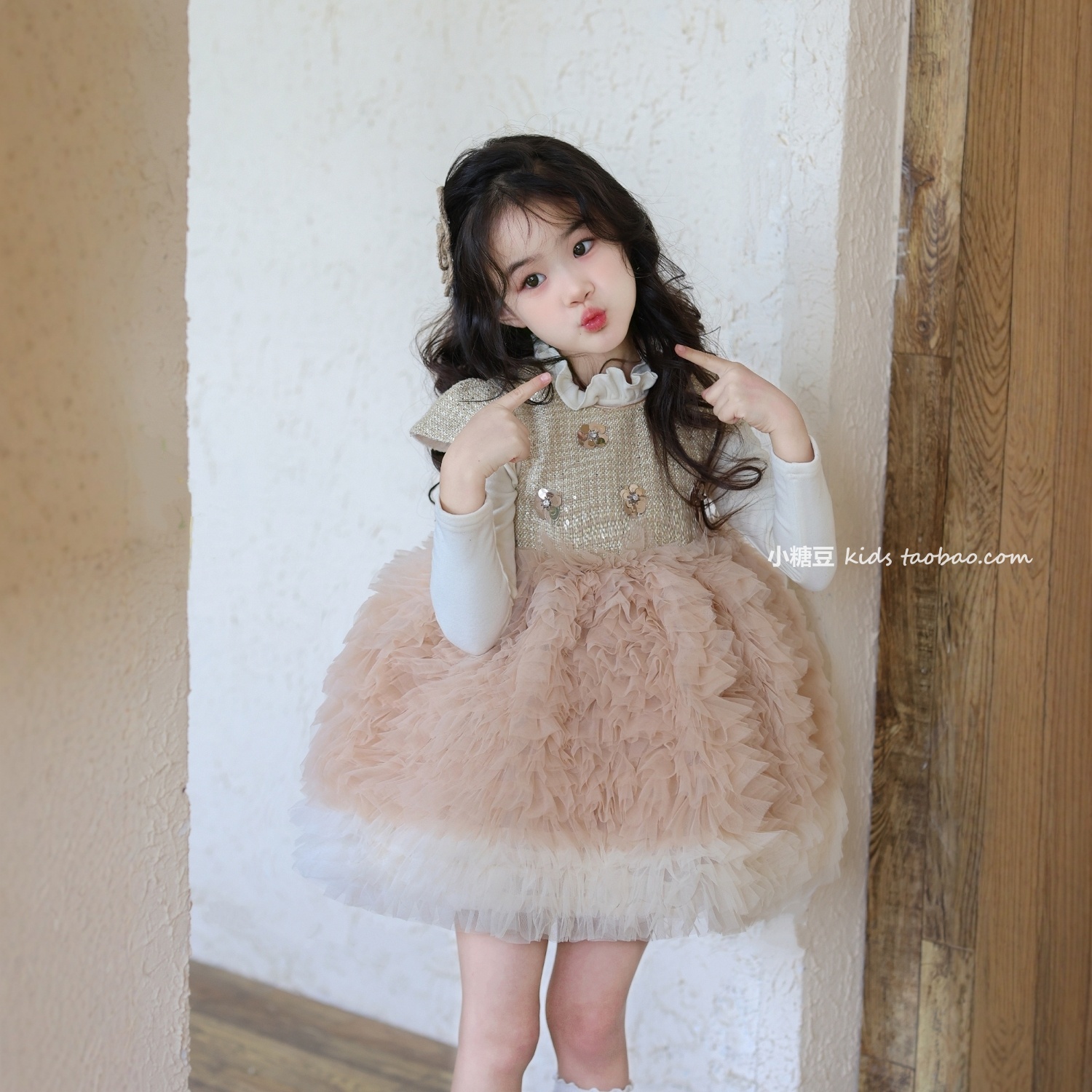 女童拼色网纱蛋糕裙连衣裙