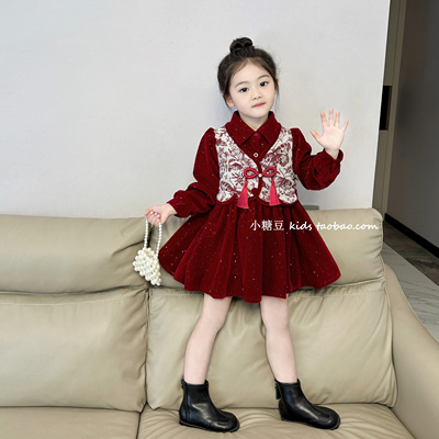 女童新中式提花拼接丝绒连衣裙