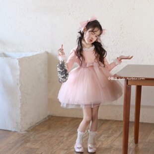 女童甜美粉色长袖网纱连衣裙2026春季新款女孩蓬蓬公主裙生日礼服