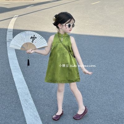 女童绿色新中式旗袍裙背心裙