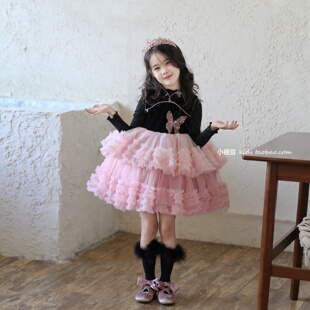 女童新中式粉色蛋糕裙连衣裙2025冬新款女孩加绒公主裙生日表演裙