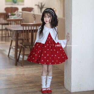 女童红色蝴蝶结印花连衣裙2026春夏新款女孩洋气甜美公主裙蓬蓬裙