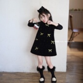 女童黑色闪闪丝绒蝴蝶结连衣裙2025冬女孩千金风加绒背心裙公主裙