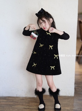 女童黑色闪闪丝绒蝴蝶结连衣裙2025冬女孩千金风加绒背心裙公主裙